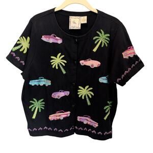 Michael Simon Lite Womens Sz L Black Button Up Shirt Retro Classic Car Palm Tree